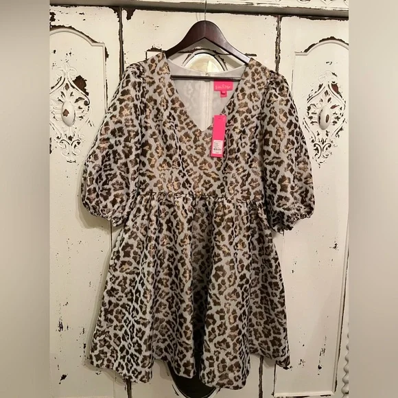 SOLD.  NWT Lilly Pulitzer Calyssa Dress Gold Metallic Leopard Jacquard | 12 - Picture 3 of 12